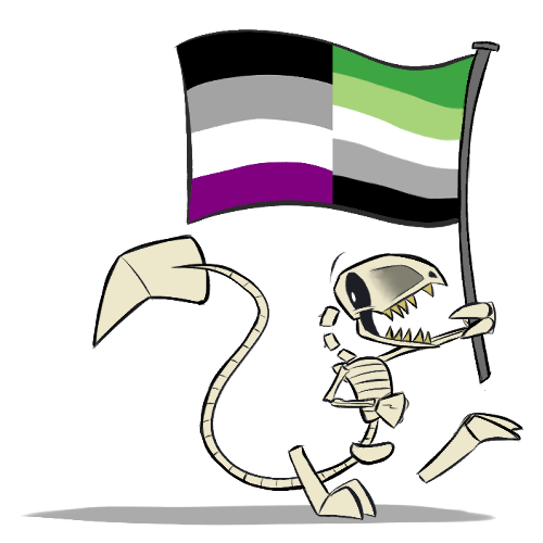 Drawing of BC (a bipedal cartoon skeleton lizard character with a scythe at the tip of her tail) holding a flag with the asexual and aromantic colors.